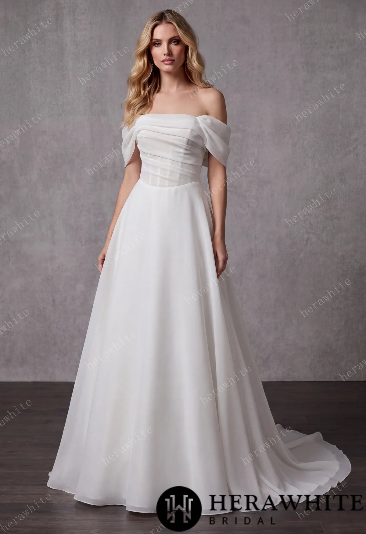 Off-the-Shoulder Draped Organza  A-Line Wedding Gown — HW3859 — image 1