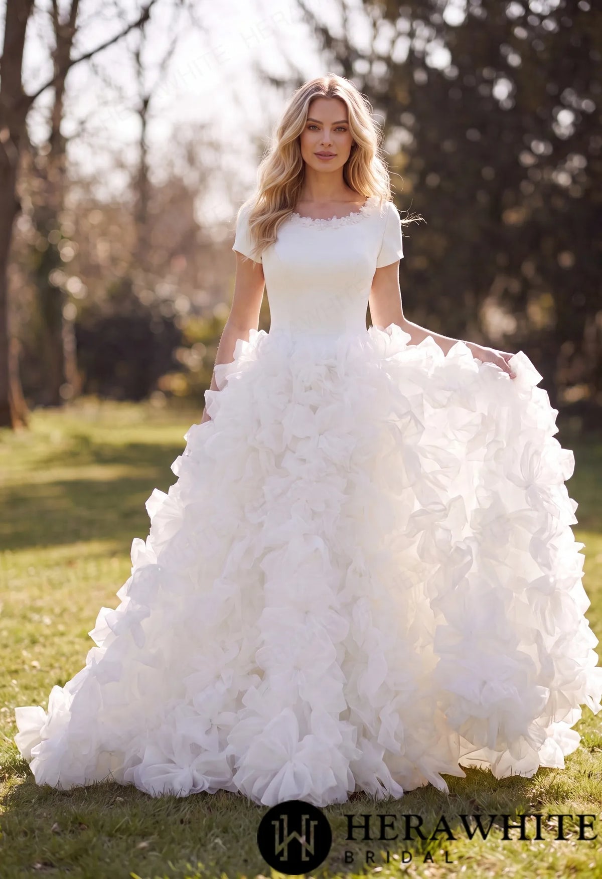 Satin Organza Ball Gown Wedding Dress - Short Sleeves — HW3890 — image 1