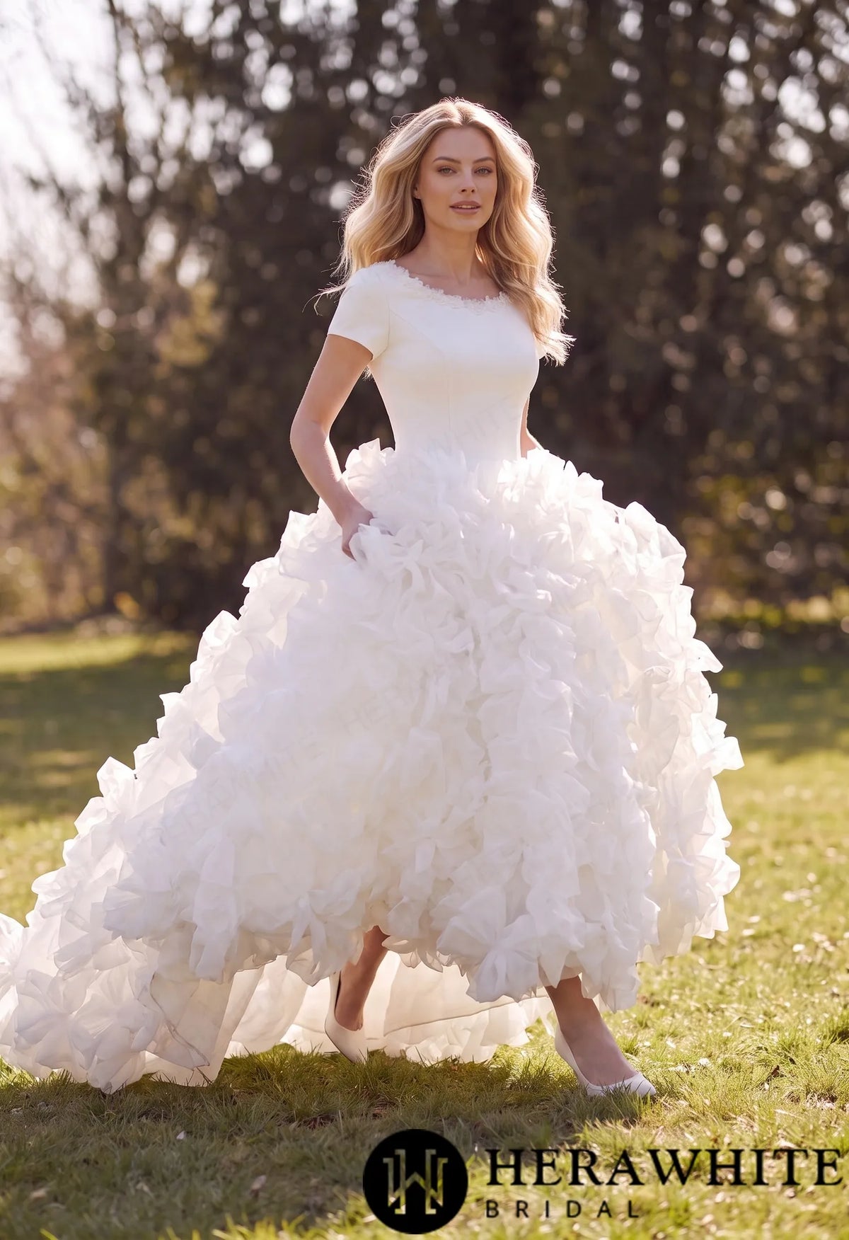 Satin Organza Ball Gown Wedding Dress - Short Sleeves — HW3890 — image 2