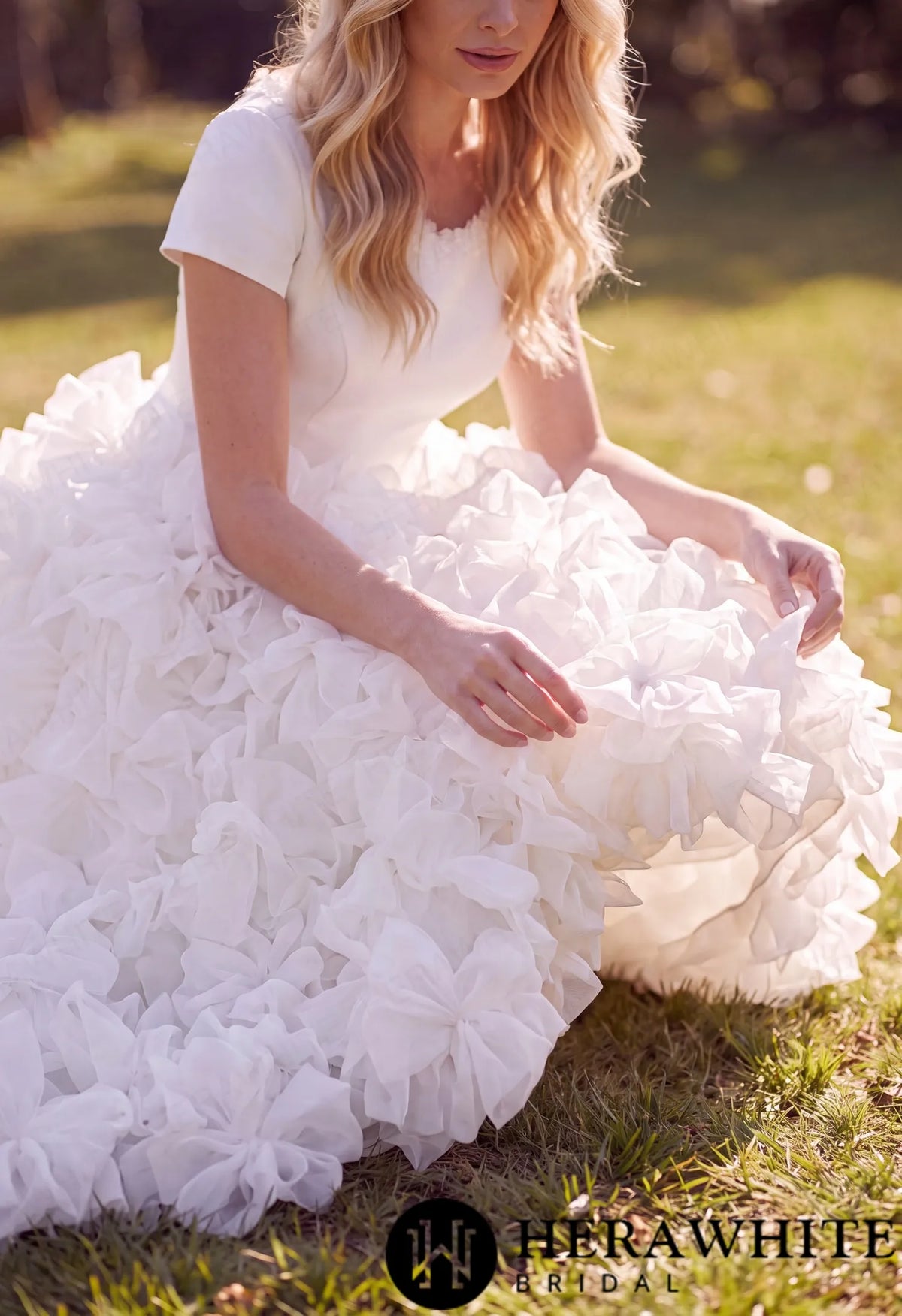 Satin Organza Ball Gown Wedding Dress - Short Sleeves — HW3890 — image 3