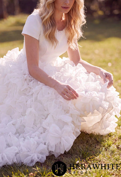 Satin Organza Ball Gown Wedding Dress - Short Sleeves — HW3890 — image 3