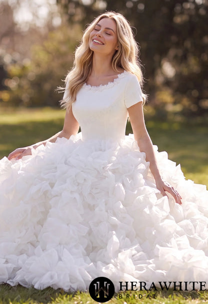 Satin Organza Ball Gown Wedding Dress - Short Sleeves — HW3890 — image 4