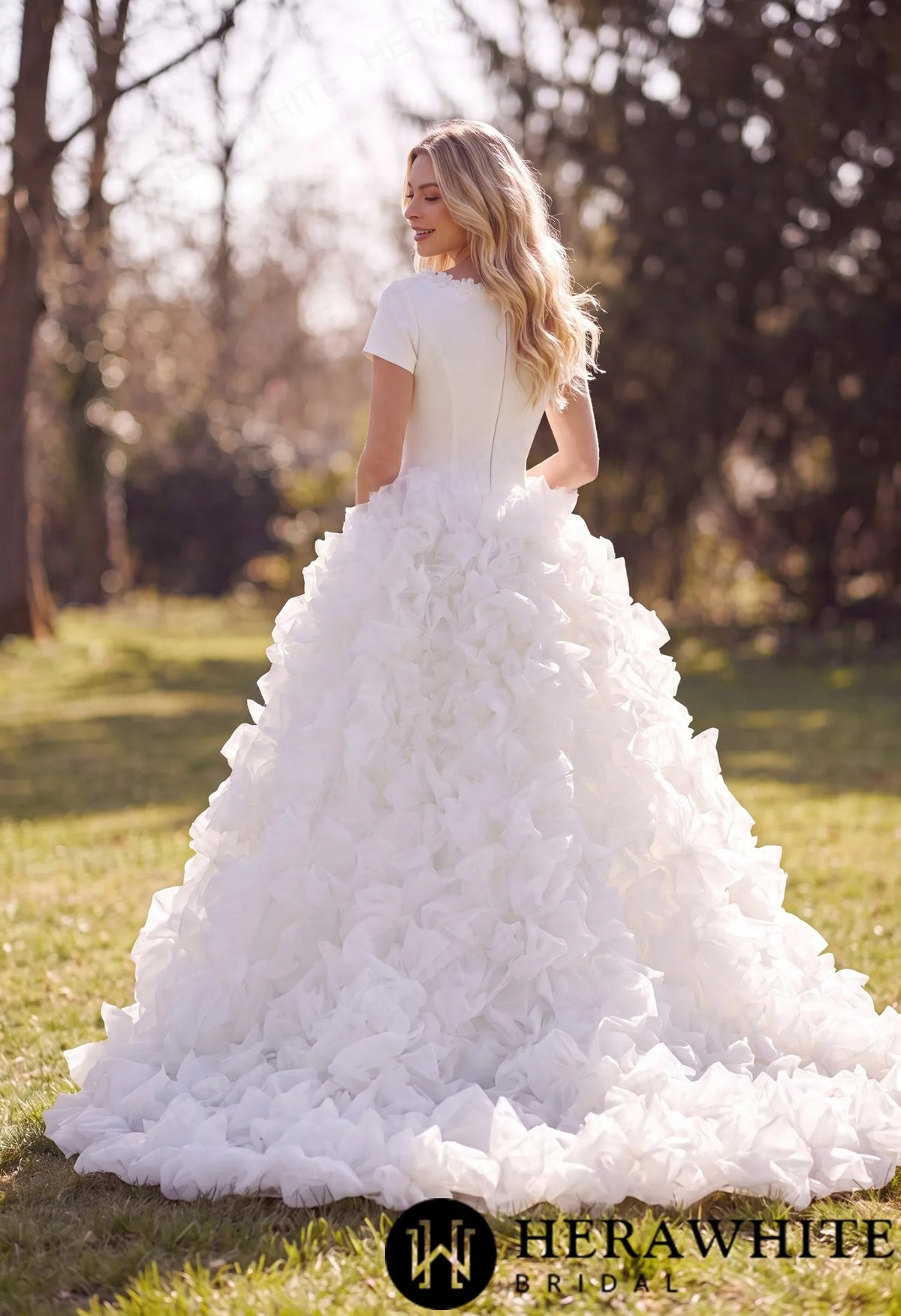 Satin Organza Ball Gown Wedding Dress - Short Sleeves — HW3890 — image 5