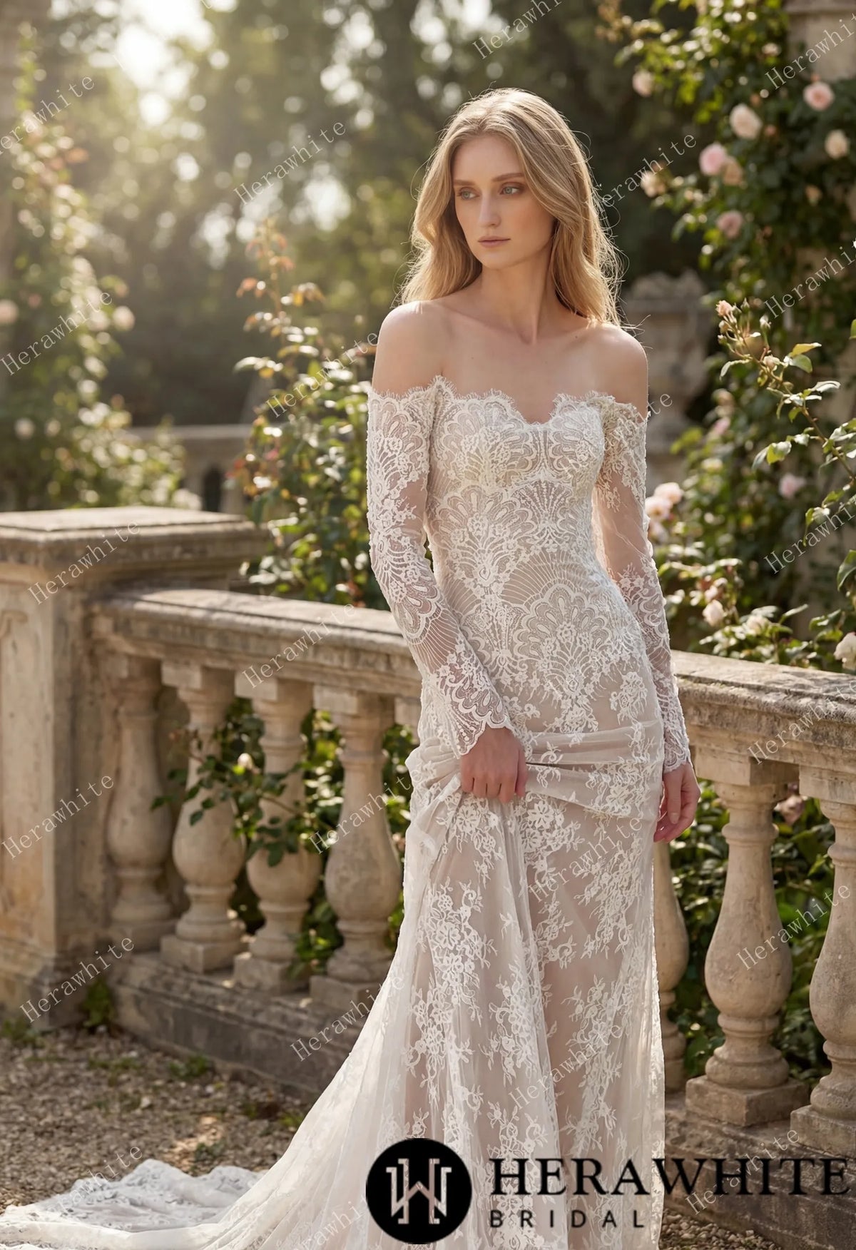 Irregular Neckline Symmetric Lace Off-the-Shoulder Long-Sleeve Bridal Gown with Detachable Tulle Over Skirt — HW3912 — image 1