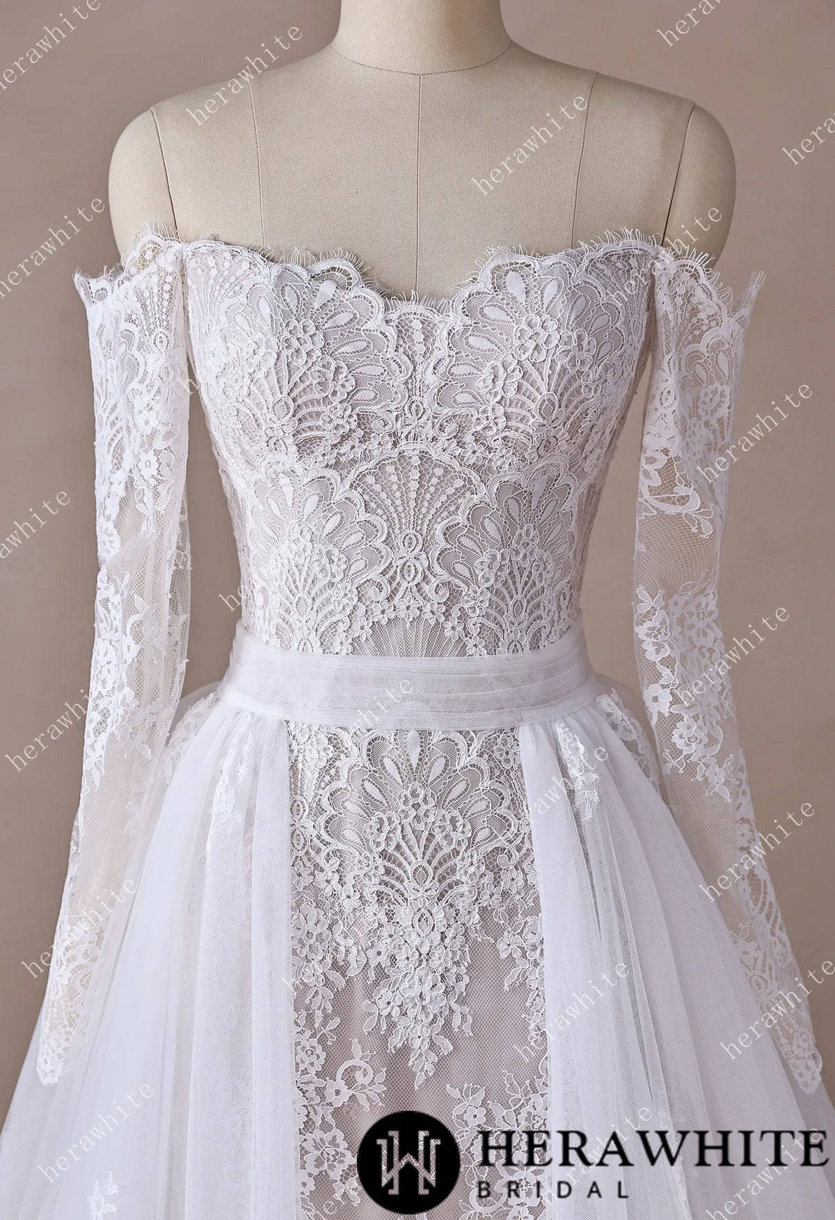 Irregular Neckline Symmetric Lace Off-the-Shoulder Long-Sleeve Bridal Gown with Detachable Tulle Over Skirt — HW3912 — image 10