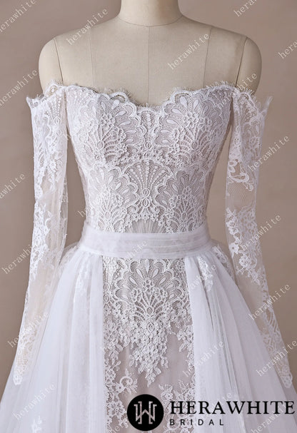Irregular Neckline Symmetric Lace Off-the-Shoulder Long-Sleeve Bridal Gown with Detachable Tulle Over Skirt — HW3912 — image 10
