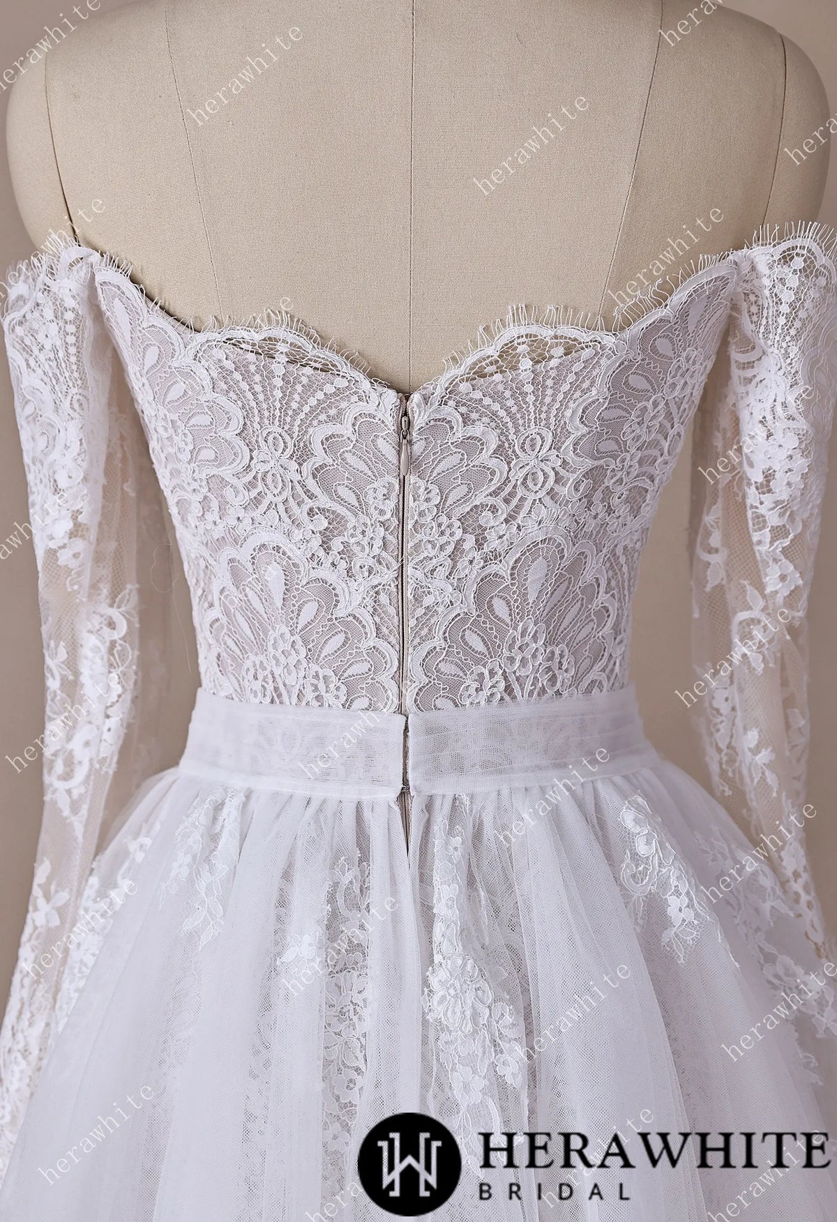 Irregular Neckline Symmetric Lace Off-the-Shoulder Long-Sleeve Bridal Gown with Detachable Tulle Over Skirt — HW3912 — image 11