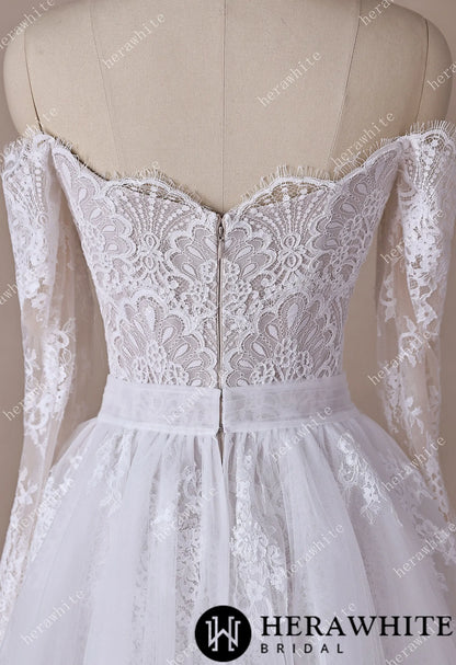 Irregular Neckline Symmetric Lace Off-the-Shoulder Long-Sleeve Bridal Gown with Detachable Tulle Over Skirt — HW3912 — image 11