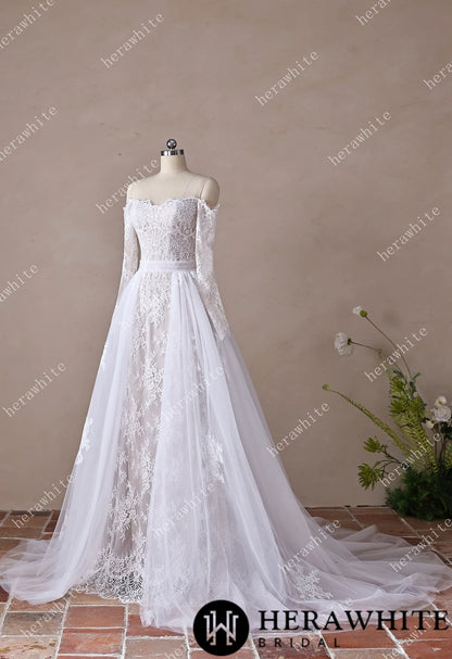 Irregular Neckline Symmetric Lace Off-the-Shoulder Long-Sleeve Bridal Gown with Detachable Tulle Over Skirt — HW3912 — image 12