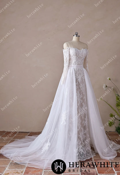 Irregular Neckline Symmetric Lace Off-the-Shoulder Long-Sleeve Bridal Gown with Detachable Tulle Over Skirt — HW3912 — image 13