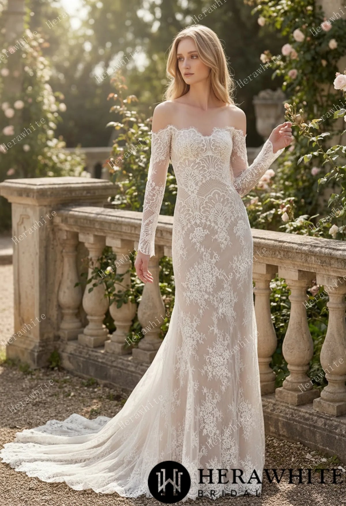 Irregular Neckline Symmetric Lace Off-the-Shoulder Long-Sleeve Bridal Gown with Detachable Tulle Over Skirt — HW3912 — image 2