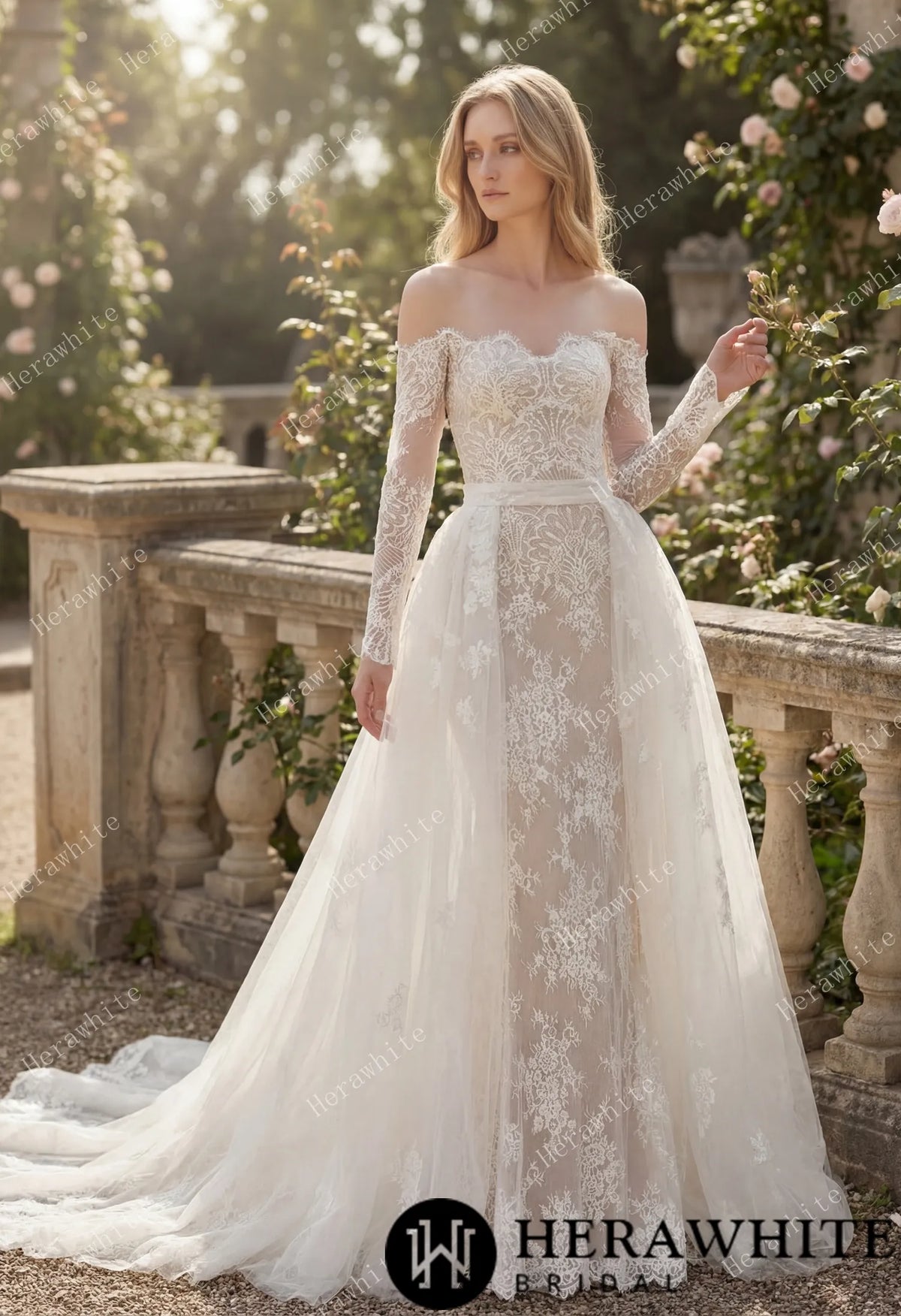 Irregular Neckline Symmetric Lace Off-the-Shoulder Long-Sleeve Bridal Gown with Detachable Tulle Over Skirt — HW3912 — image 3
