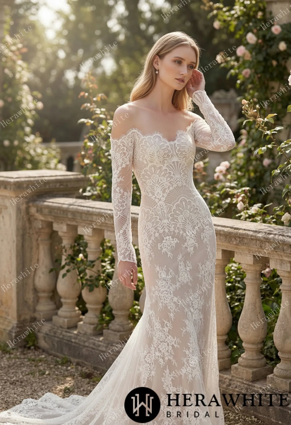 Irregular Neckline Symmetric Lace Off-the-Shoulder Long-Sleeve Bridal Gown with Detachable Tulle Over Skirt — HW3912 — image 4