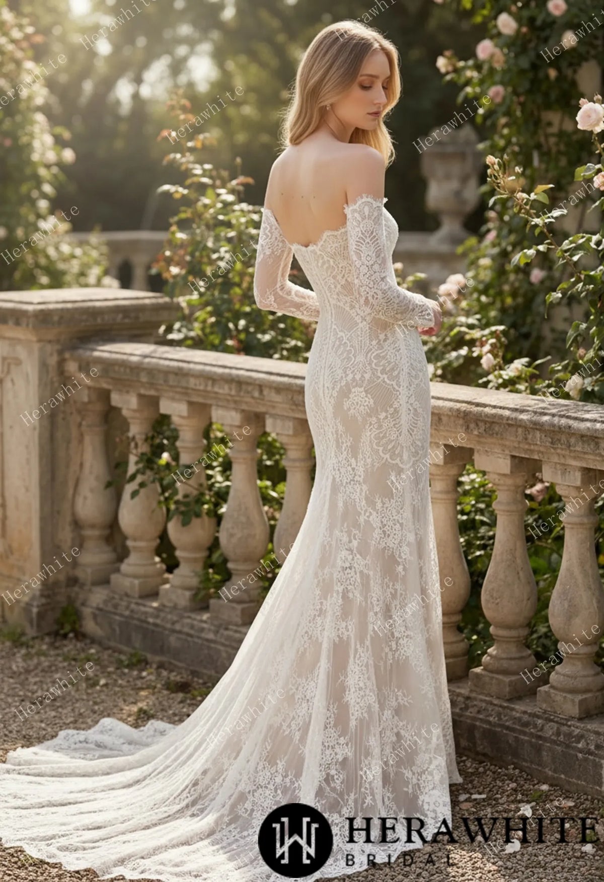 Irregular Neckline Symmetric Lace Off-the-Shoulder Long-Sleeve Bridal Gown with Detachable Tulle Over Skirt — HW3912 — image 5