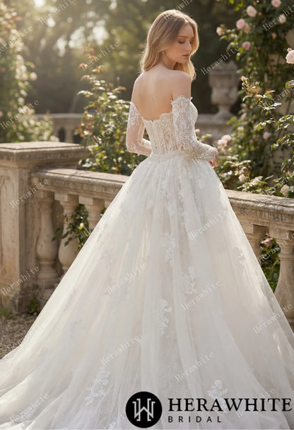 Irregular Neckline Symmetric Lace Off-the-Shoulder Long-Sleeve Bridal Gown with Detachable Tulle Over Skirt — HW3912 — image 6