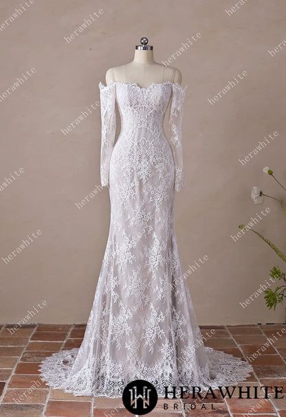 Irregular Neckline Symmetric Lace Off-the-Shoulder Long-Sleeve Bridal Gown with Detachable Tulle Over Skirt — HW3912 — image 7