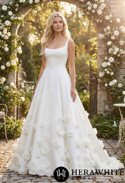 Square Neck Wide Strap Satin Bridal Gown with 3D Floral Skirt & Deep U-Back — HW3913 — image 1