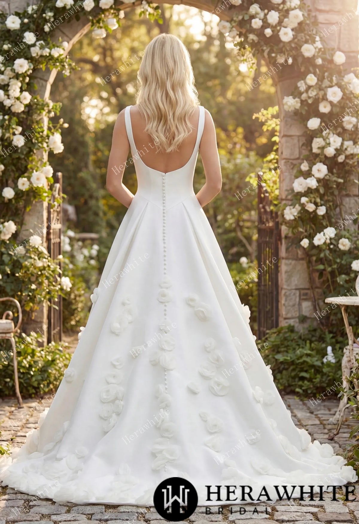 Square Neck Wide Strap Satin Bridal Gown with 3D Floral Skirt & Deep U-Back — HW3913 — image 3