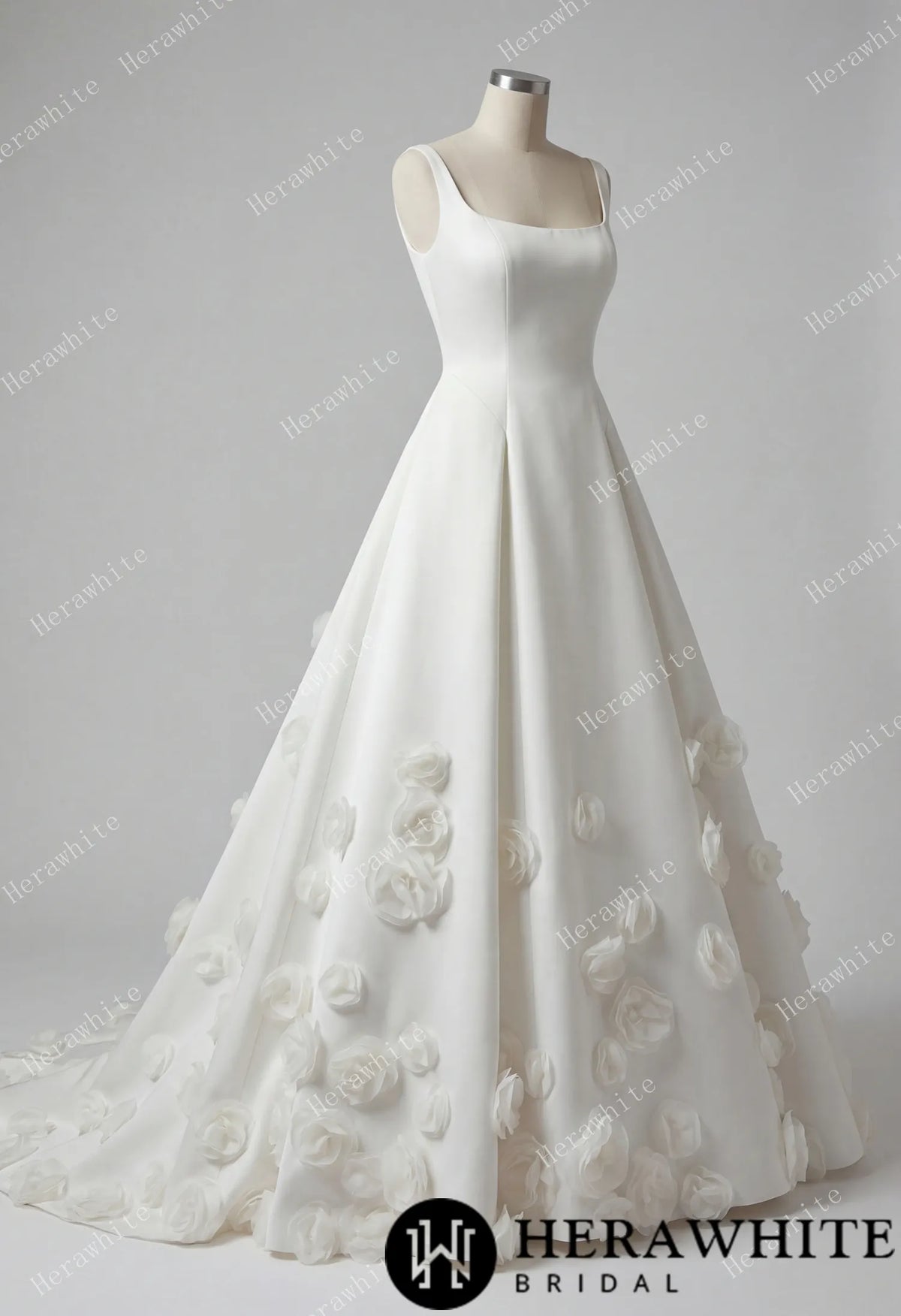 Square Neck Wide Strap Satin Bridal Gown with 3D Floral Skirt & Deep U-Back — HW3913 — image 4