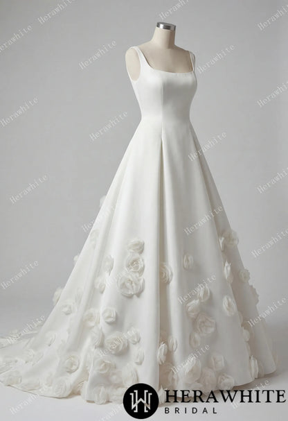 Square Neck Wide Strap Satin Bridal Gown with 3D Floral Skirt & Deep U-Back — HW3913 — image 4