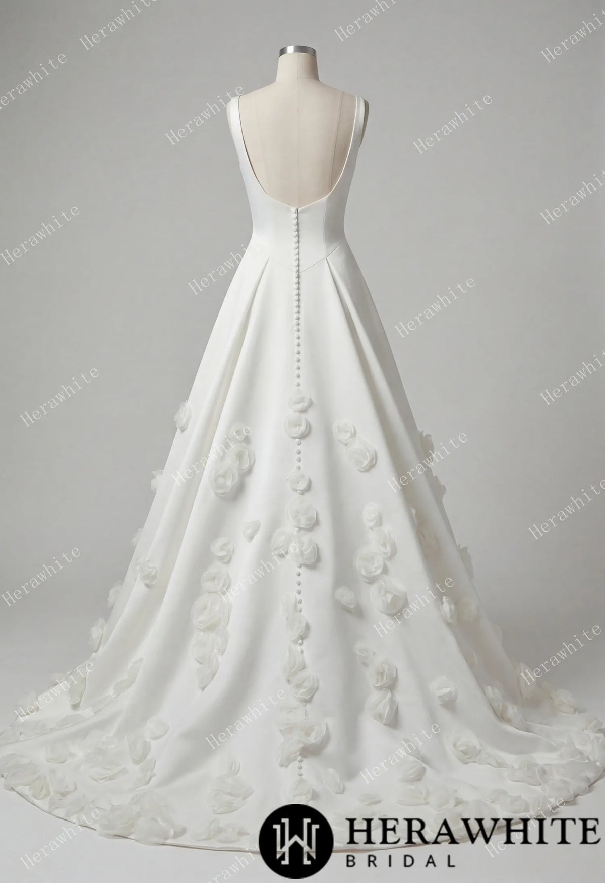 Square Neck Wide Strap Satin Bridal Gown with 3D Floral Skirt & Deep U-Back — HW3913 — image 5