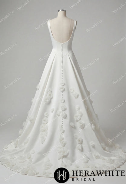 Square Neck Wide Strap Satin Bridal Gown with 3D Floral Skirt & Deep U-Back — HW3913 — image 5