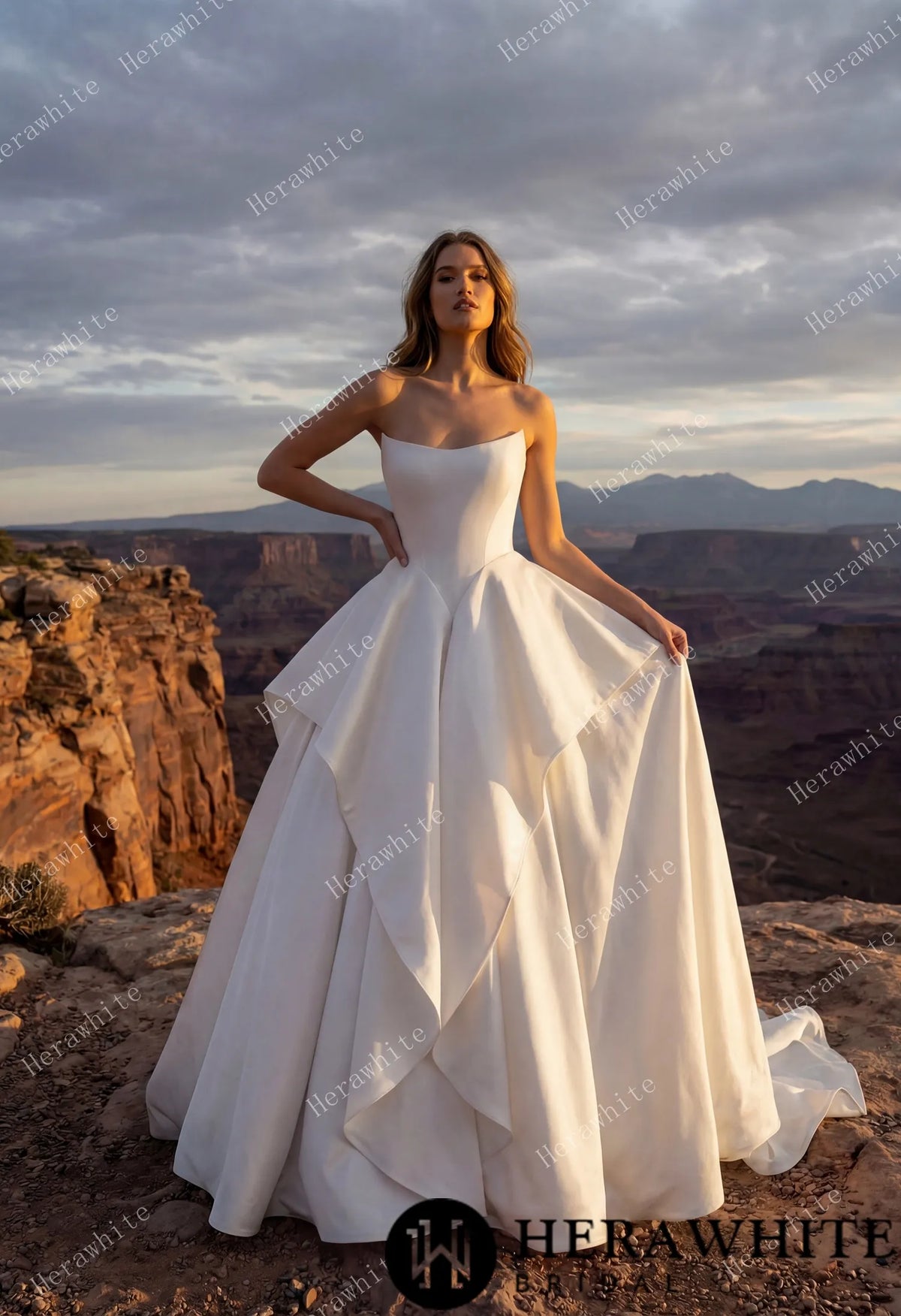 Scoop Neck Satin Bridal Gown with Asymmetric Pleats Waist & Detachable Scarf — HW3914 — image 1