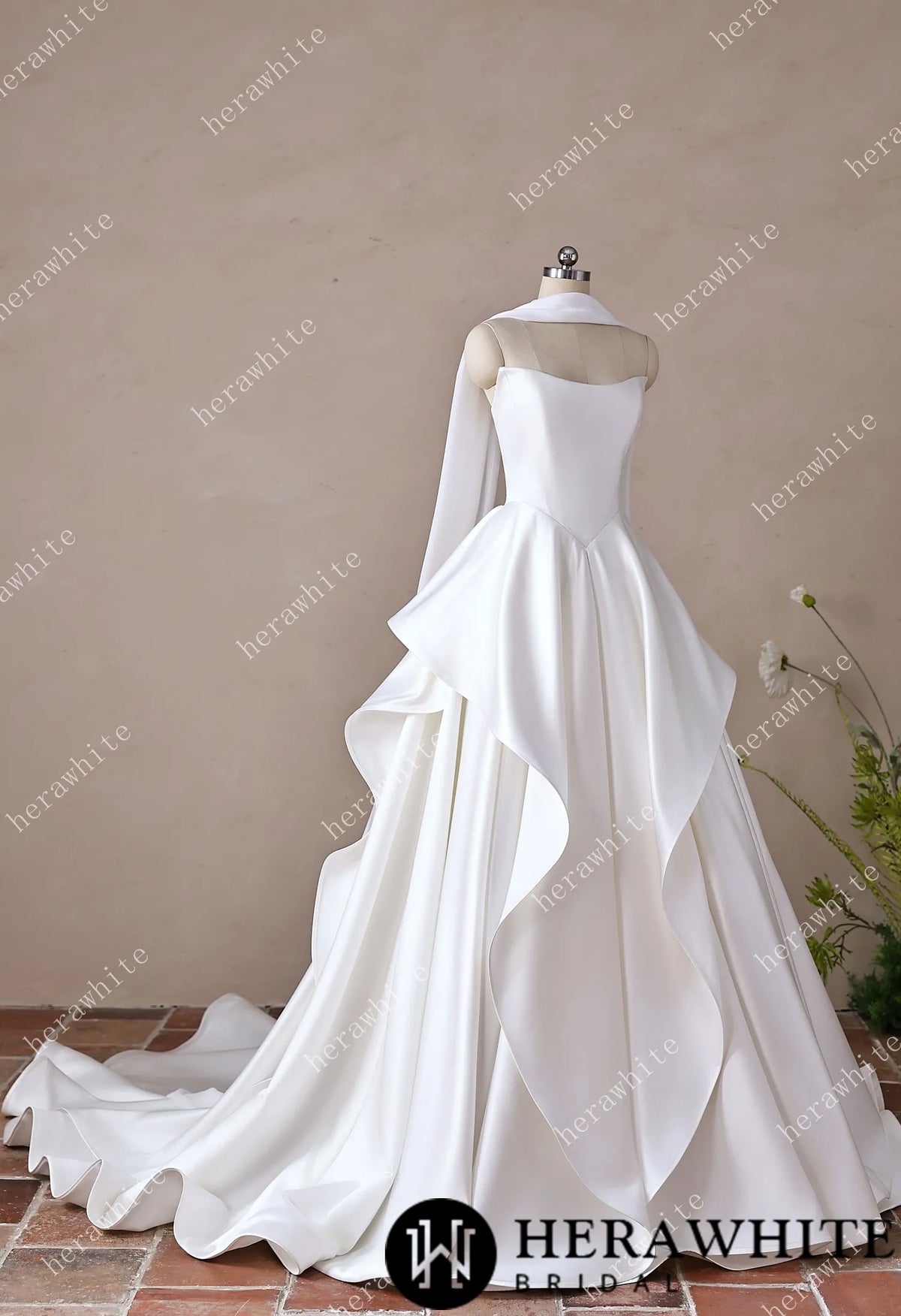 Scoop Neck Satin Bridal Gown with Asymmetric Pleats Waist & Detachable Scarf — HW3914 — image 10