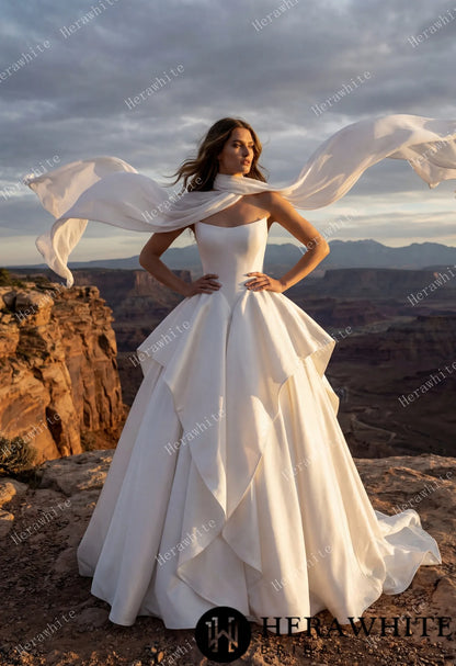 Scoop Neck Satin Bridal Gown with Asymmetric Pleats Waist & Detachable Scarf — HW3914 — image 2