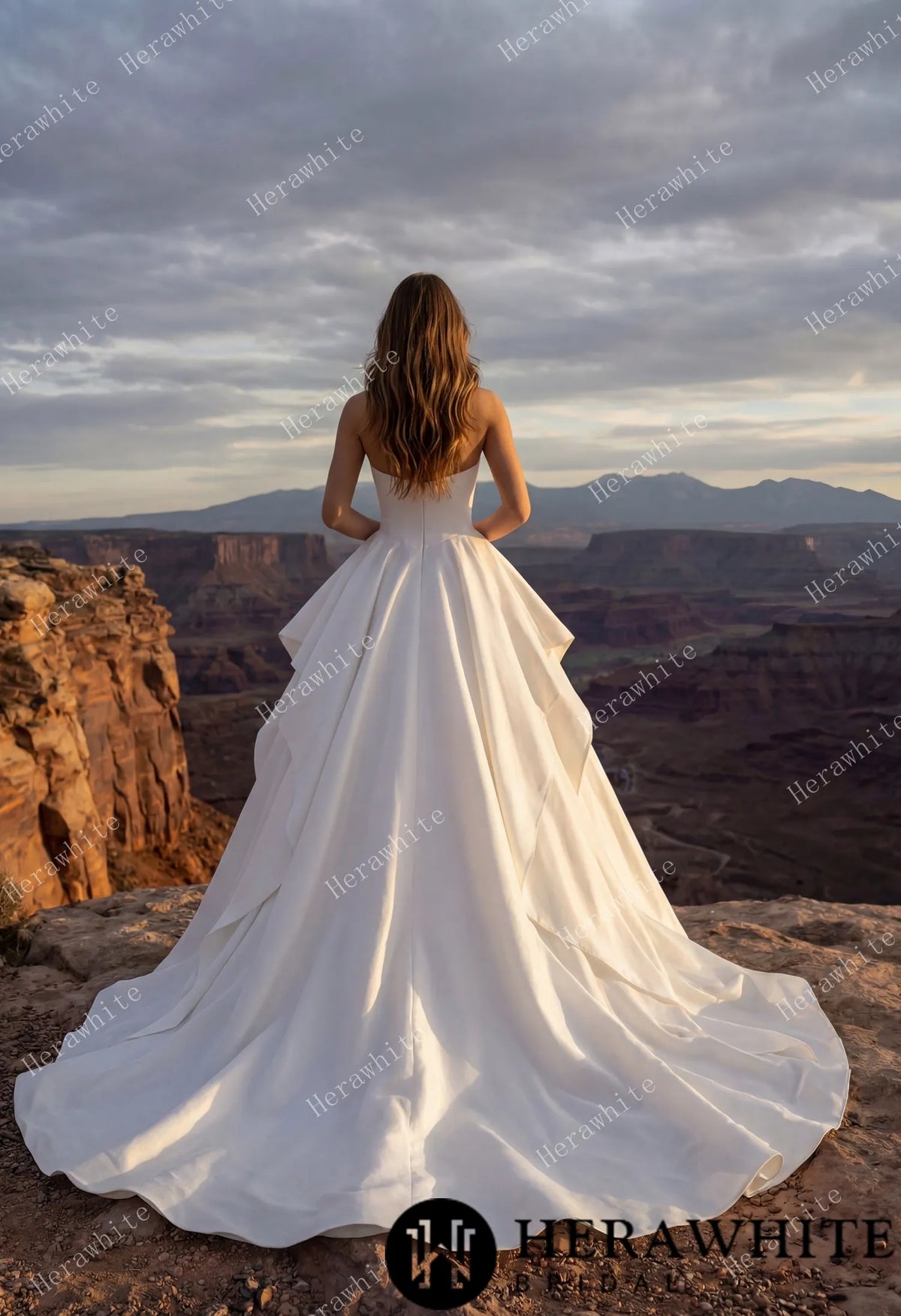 Scoop Neck Satin Bridal Gown with Asymmetric Pleats Waist & Detachable Scarf — HW3914 — image 3