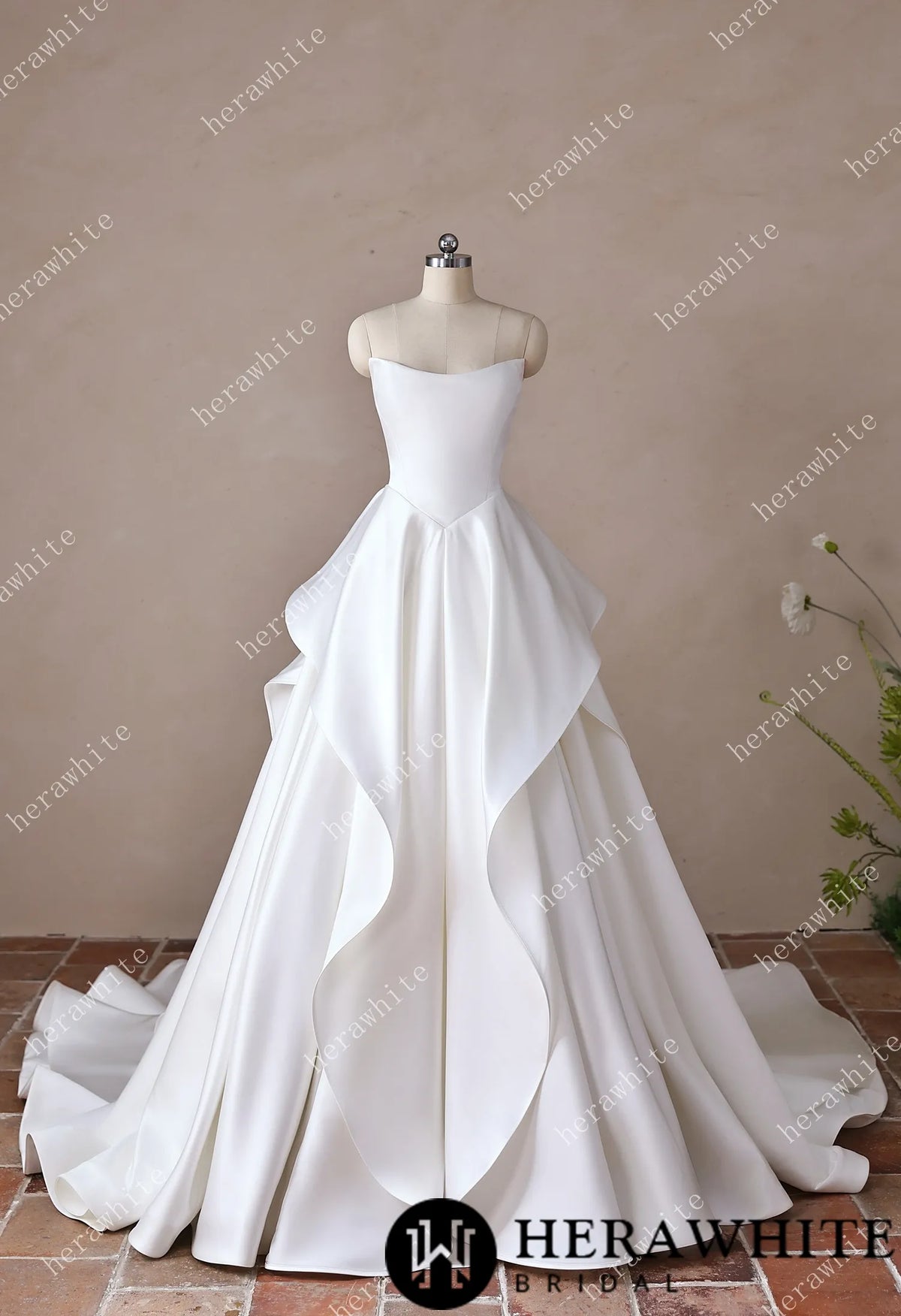 Scoop Neck Satin Bridal Gown with Asymmetric Pleats Waist & Detachable Scarf — HW3914 — image 4