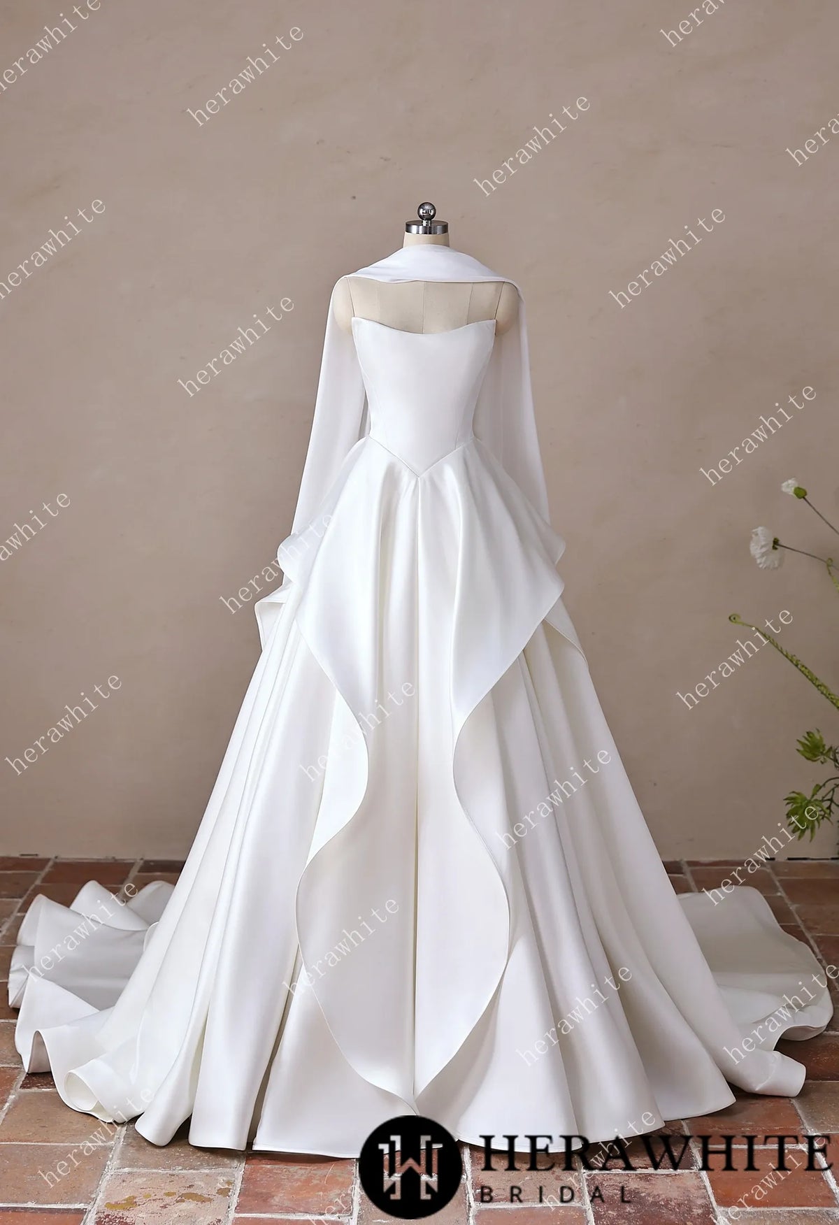 Scoop Neck Satin Bridal Gown with Asymmetric Pleats Waist & Detachable Scarf — HW3914 — image 5