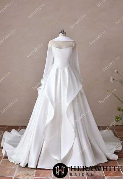 Scoop Neck Satin Bridal Gown with Asymmetric Pleats Waist & Detachable Scarf — HW3914 — image 5