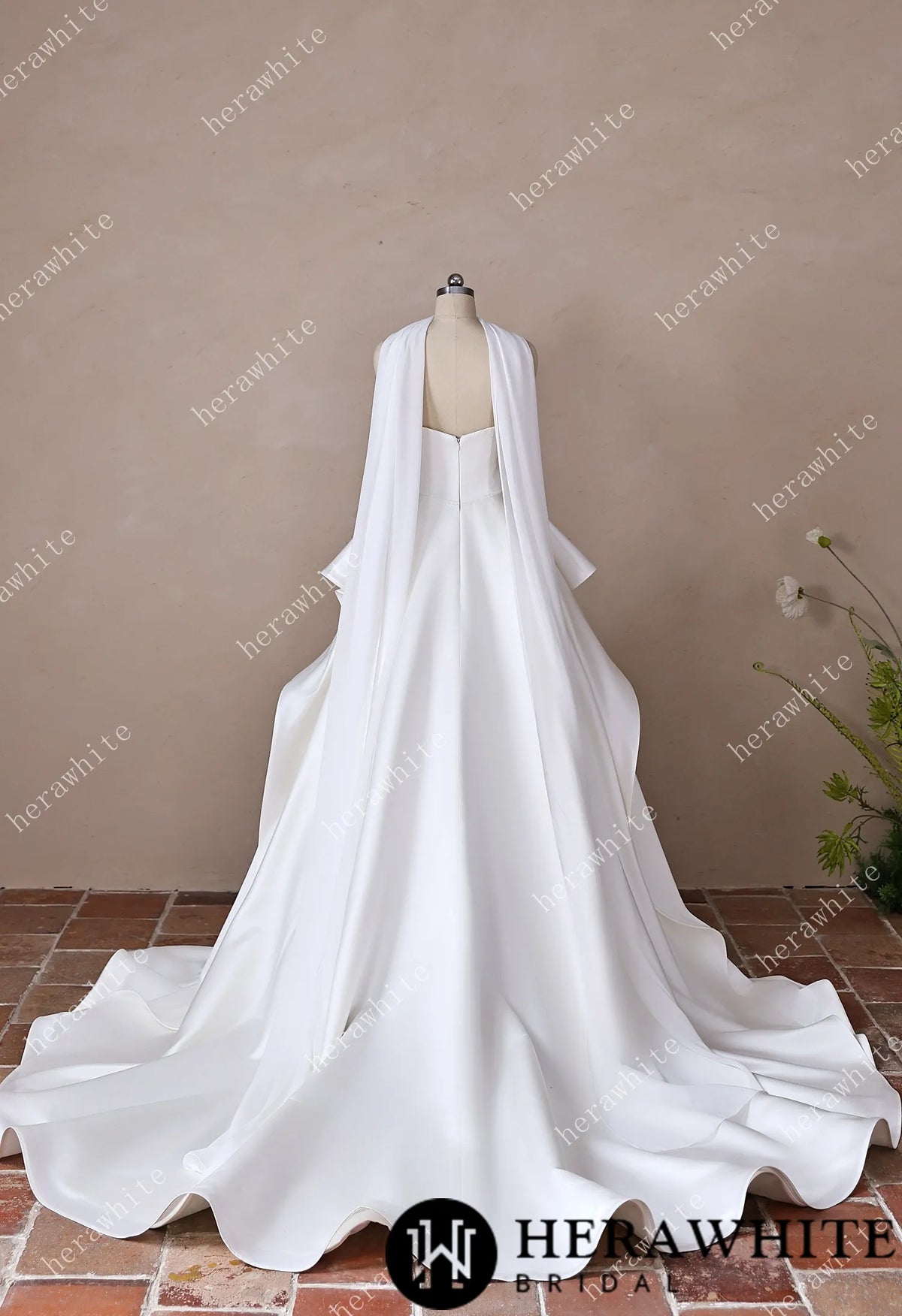 Scoop Neck Satin Bridal Gown with Asymmetric Pleats Waist & Detachable Scarf — HW3914 — image 6