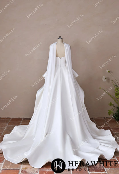 Scoop Neck Satin Bridal Gown with Asymmetric Pleats Waist & Detachable Scarf — HW3914 — image 6