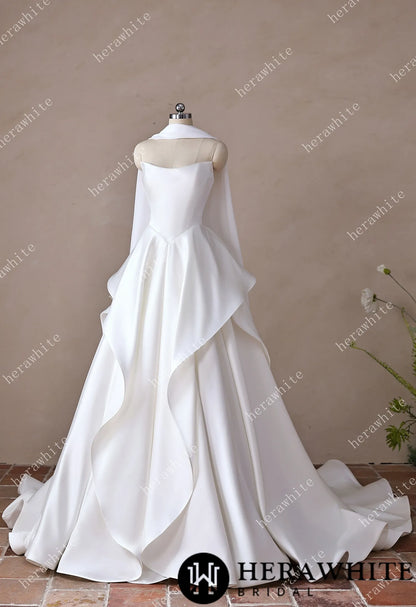 Scoop Neck Satin Bridal Gown with Asymmetric Pleats Waist & Detachable Scarf — HW3914 — image 9