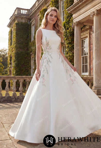 High Neck Satin Ballgown with Florals and Open Back — HW3916 — image 1