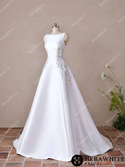High Neck Satin Ballgown with Florals and Open Back — HW3916 — image 10