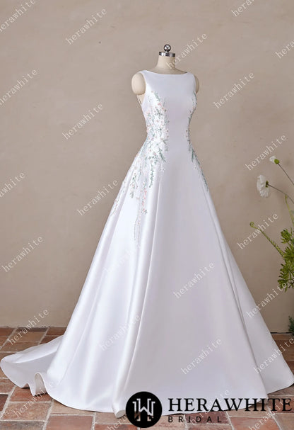 High Neck Satin Ballgown with Florals and Open Back — HW3916 — image 11