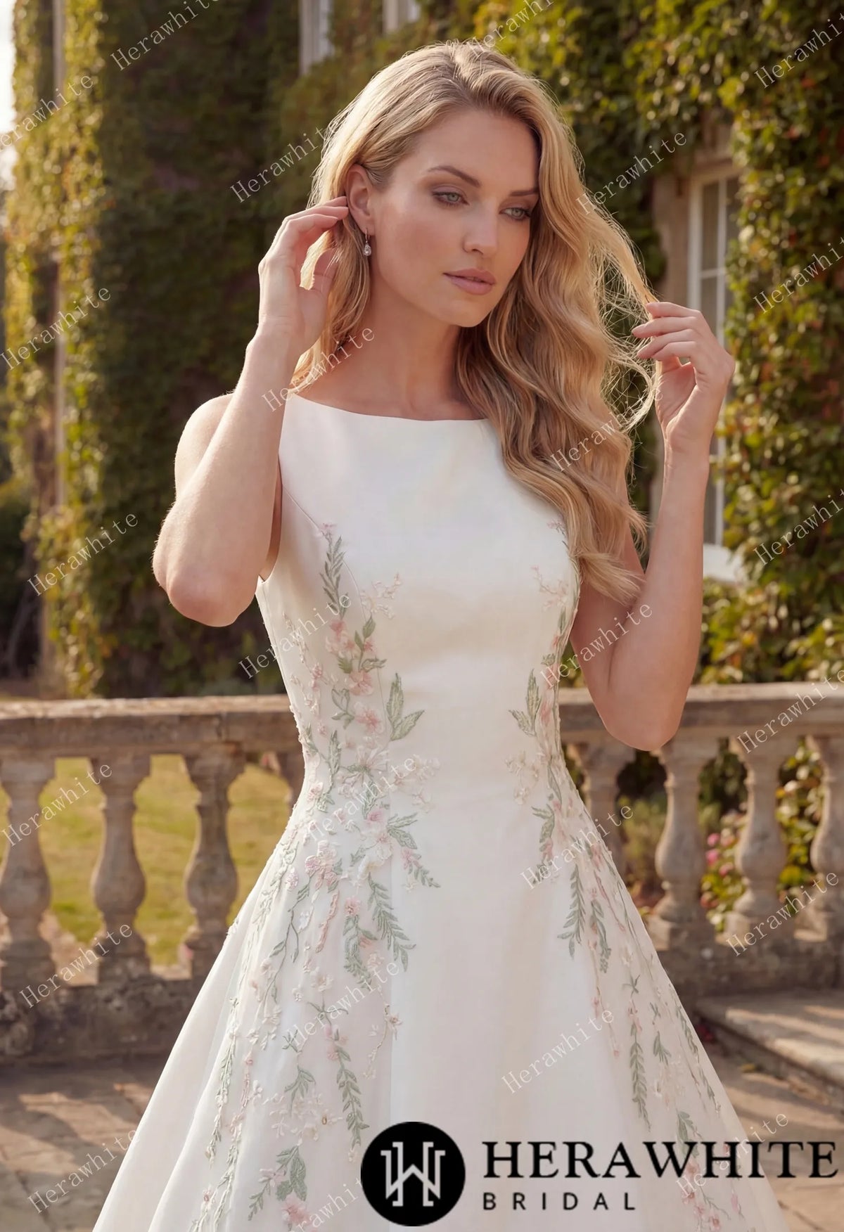 High Neck Satin Ballgown with Florals and Open Back — HW3916 — image 2
