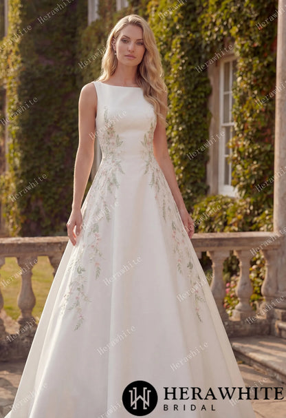 High Neck Satin Ballgown with Florals and Open Back — HW3916 — image 3