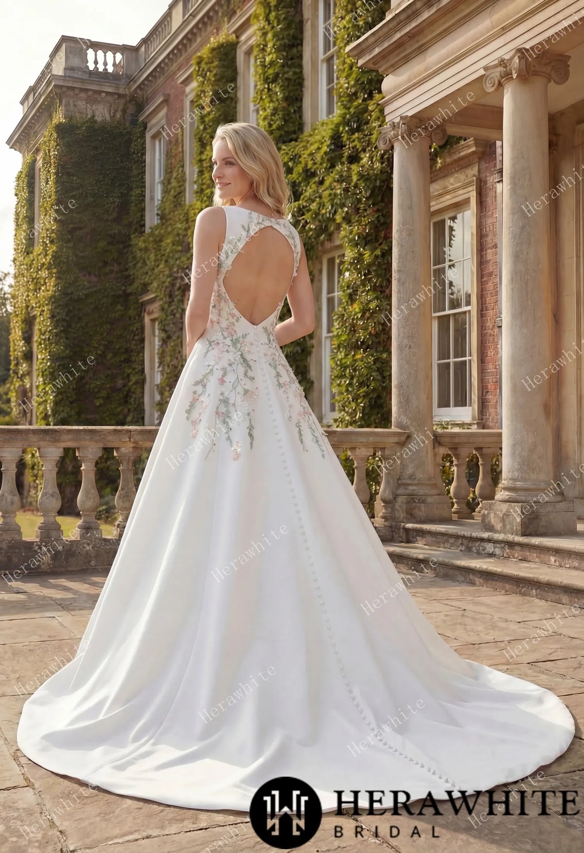 High Neck Satin Ballgown with Florals and Open Back — HW3916 — image 4
