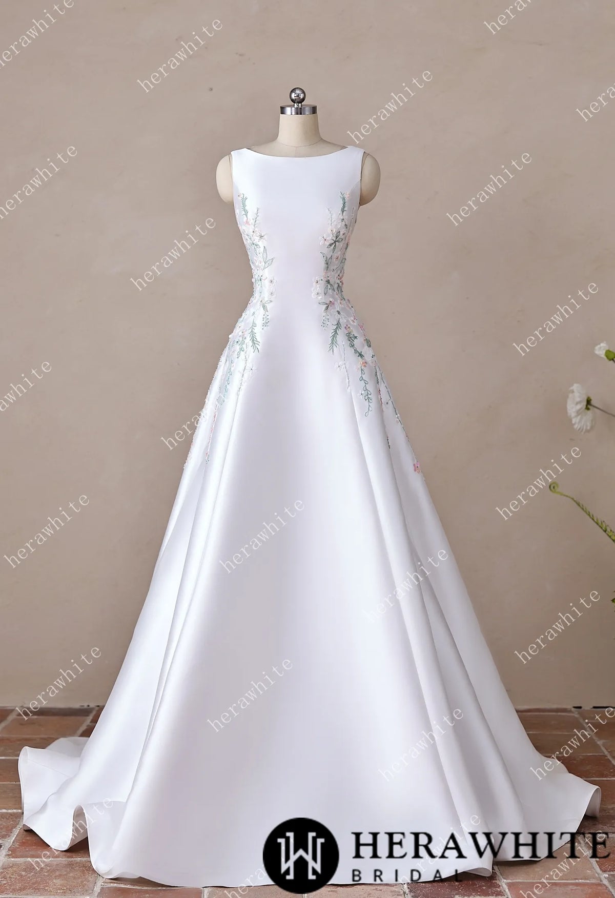 High Neck Satin Ballgown with Florals and Open Back — HW3916 — image 5