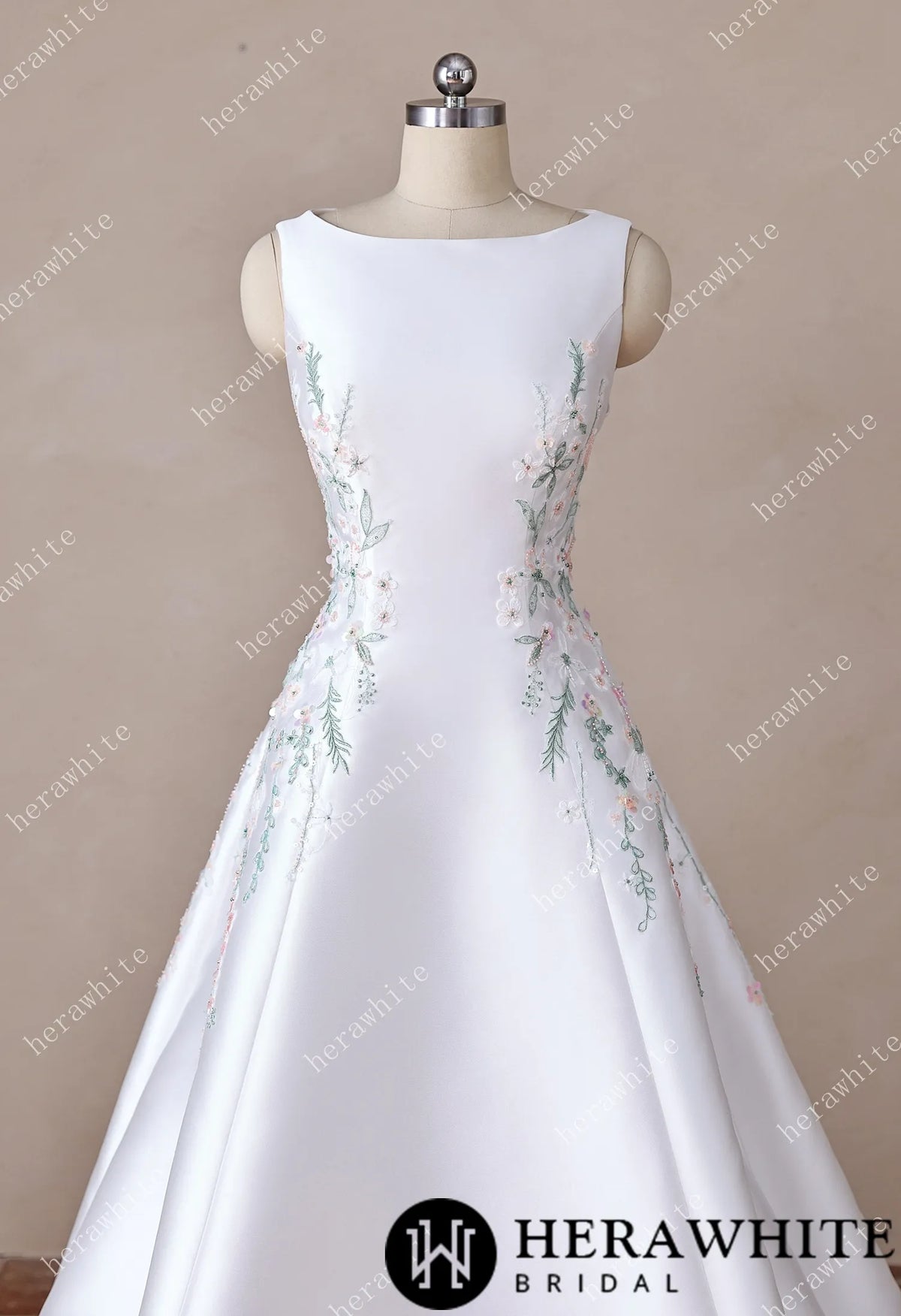 High Neck Satin Ballgown with Florals and Open Back — HW3916 — image 6