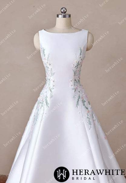 High Neck Satin Ballgown with Florals and Open Back — HW3916 — image 6