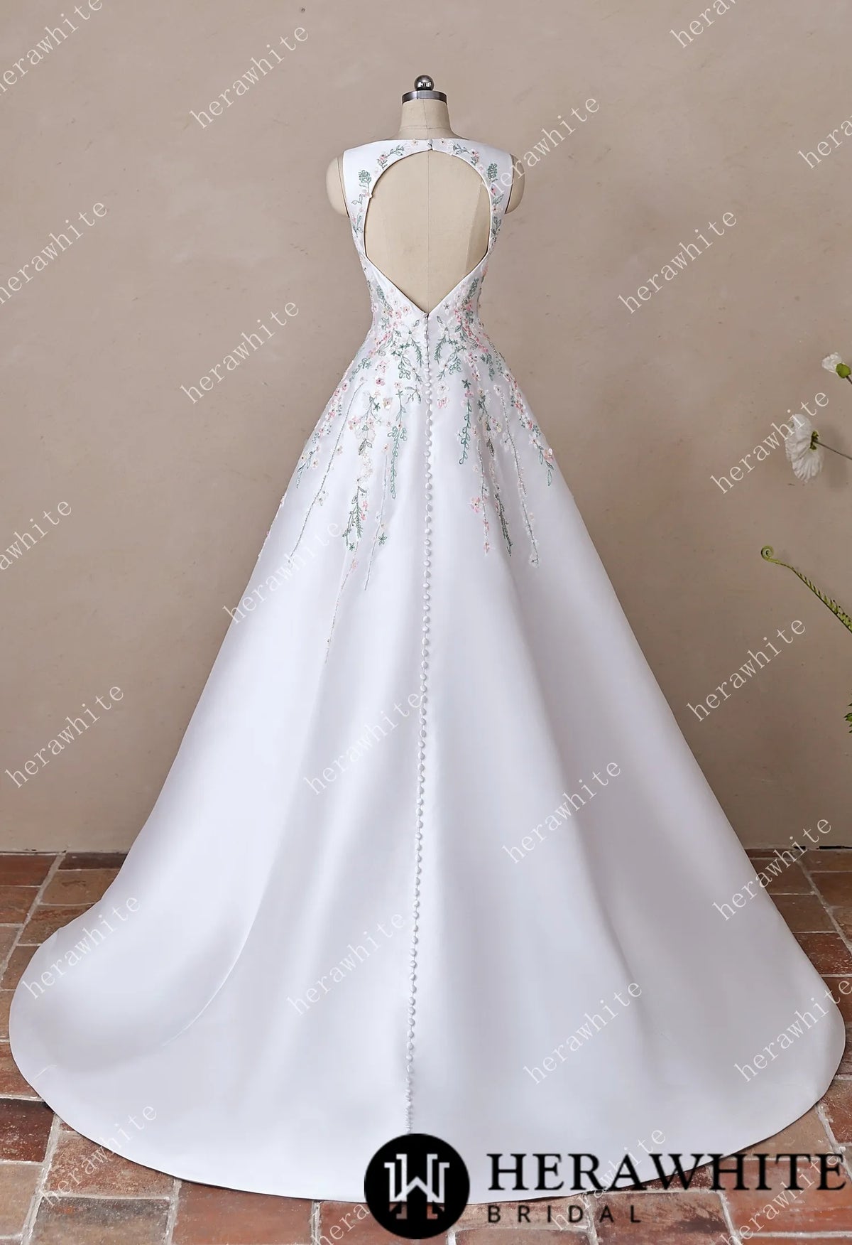 High Neck Satin Ballgown with Florals and Open Back — HW3916 — image 7