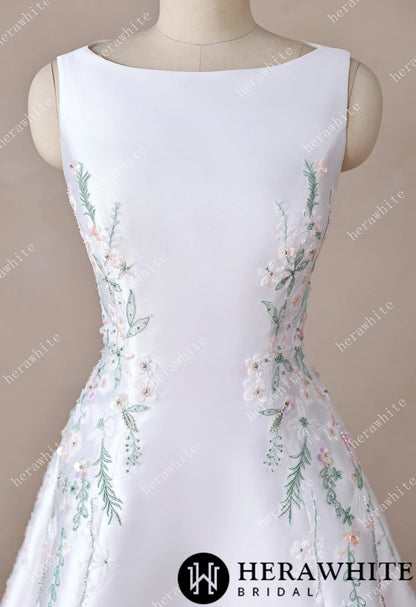 High Neck Satin Ballgown with Florals and Open Back — HW3916 — image 8