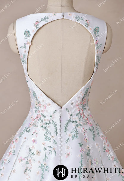 High Neck Satin Ballgown with Florals and Open Back — HW3916 — image 9