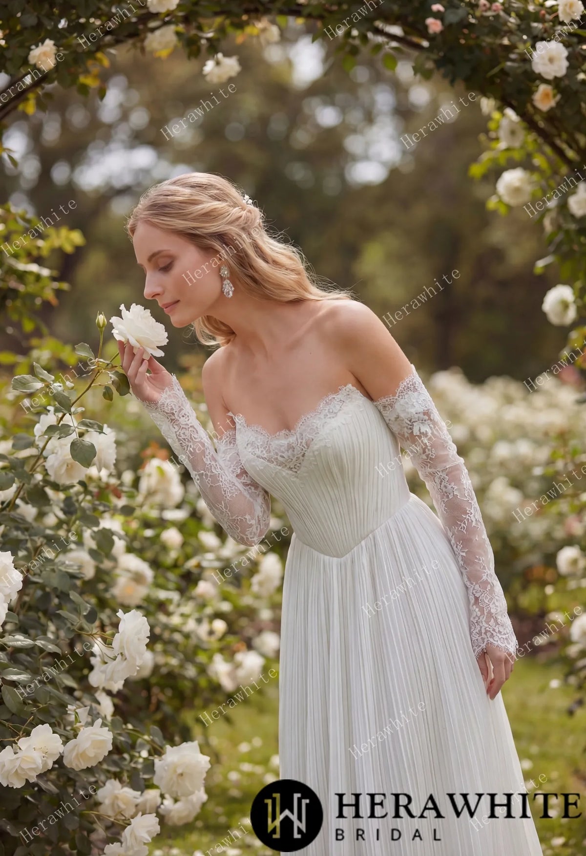 Fluid Pleated Chiffon Bridal Gown with Detachable Lace Sleeves — HW3917 — image 2