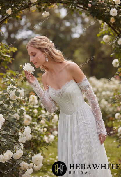 Fluid Pleated Chiffon Bridal Gown with Detachable Lace Sleeves — HW3917 — image 2